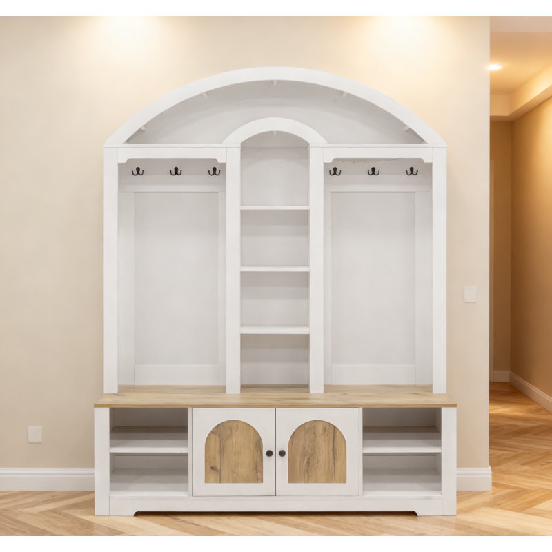 59"w Wide Hall Tree,multi-functional Wardrobe/entrance Wardrobe, Equipped With Shoe Racks, Clothes Hangers And Hooks, For Hallway, Entryway, Living Room,white+walnut
