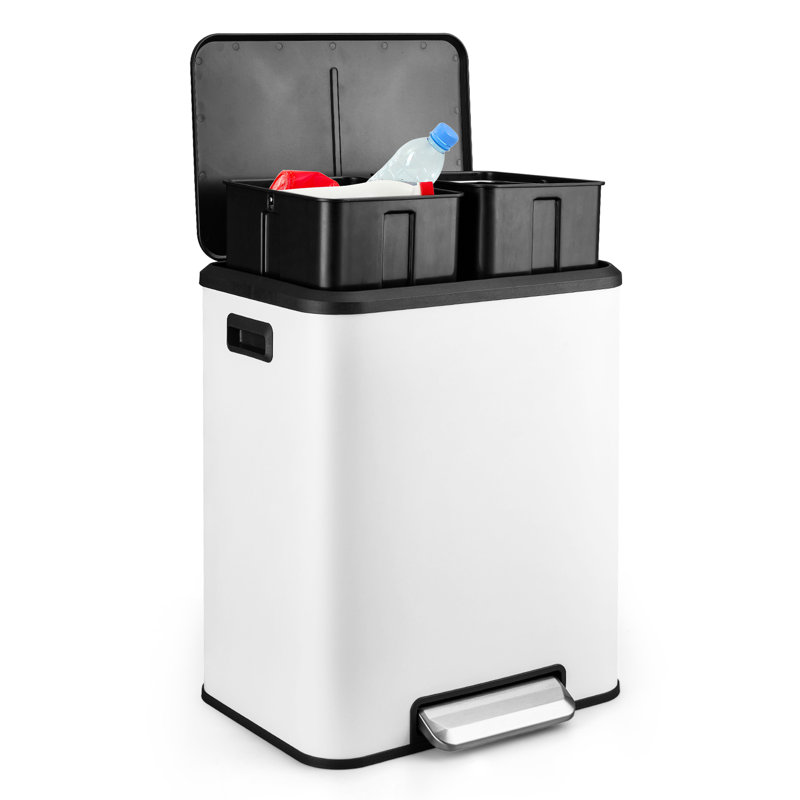 Poubelle à double compartiment rectangulaire 2 x 4 gallons (2 x 15 L), poubelle de recyclage avec couvercle et marchepied doux pour la salle de bain et la cuisine, blanc