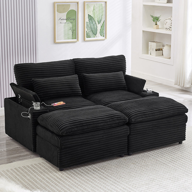Loveseat Sofa 70.9" Free-Combined Sectional Convertible Sofa Bed With Storage Space, Two Movable Ottomans, Four USB Ports And Two Cup Holders