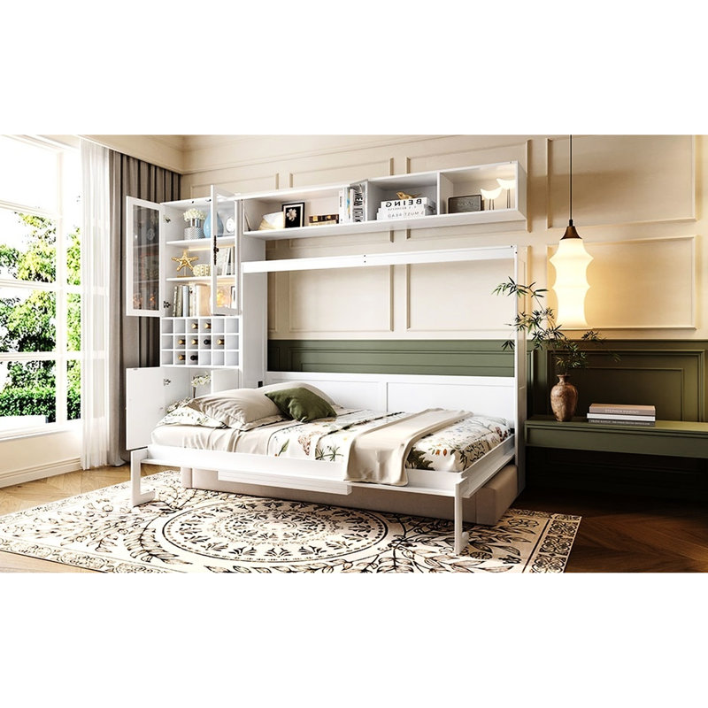 Lit double en blanc, tablettes, et - confortable et pratique pour les petits appartements avec de grands espaces