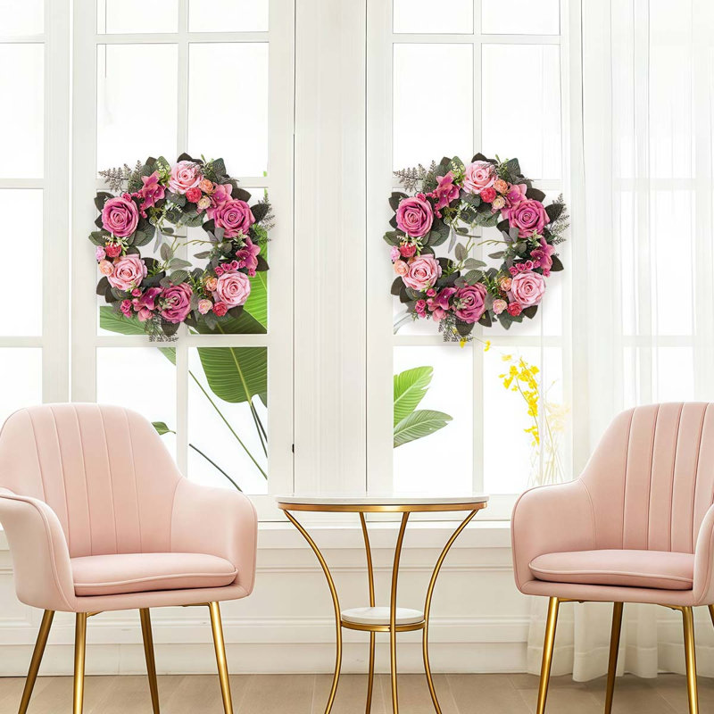 Couronne élégante de roses artificielles. Décoration de porte de 17,7 po de verdure luxuriante. Décoration murale rustique de style campagnard. Décoration de mariage et de mariage romantique. Cadeau de Pâques et de la fête des Mères