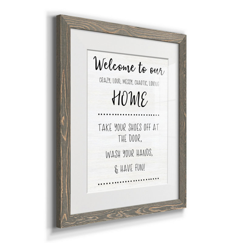 Welcome to Our Home - Reproduction d'art textuel sur papier encadré, H 20 po x l 17 po x P 1 po, gris