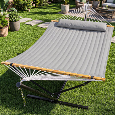 2-Person Quilted Polyester Spreader Bar Hammock with Heavy-Duty Steel Stand, 500 lbs Capacity, Freestanding No-Tools Setup, Weather-Resistant for Patio, Backyard & Indoor Use - Gray