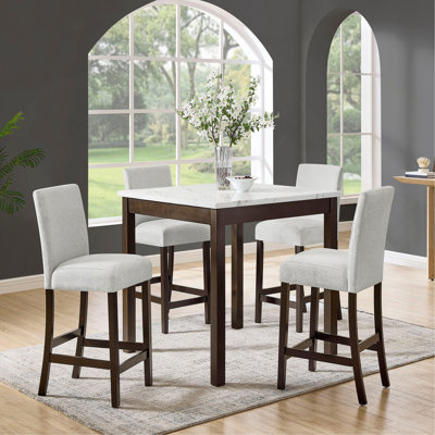 5pc Counter Height Dining Set Square White Faux Marble Table Grey Fabric Upholstered Tufted Nail Head Chairs Wooden Leg Dining Room Furniture