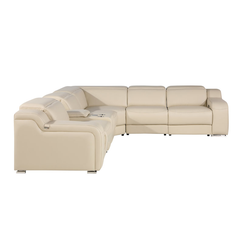 Canapé modulaire inclinable électrique en cuir italien 6 pièces Stanya, Cuir véritable beige