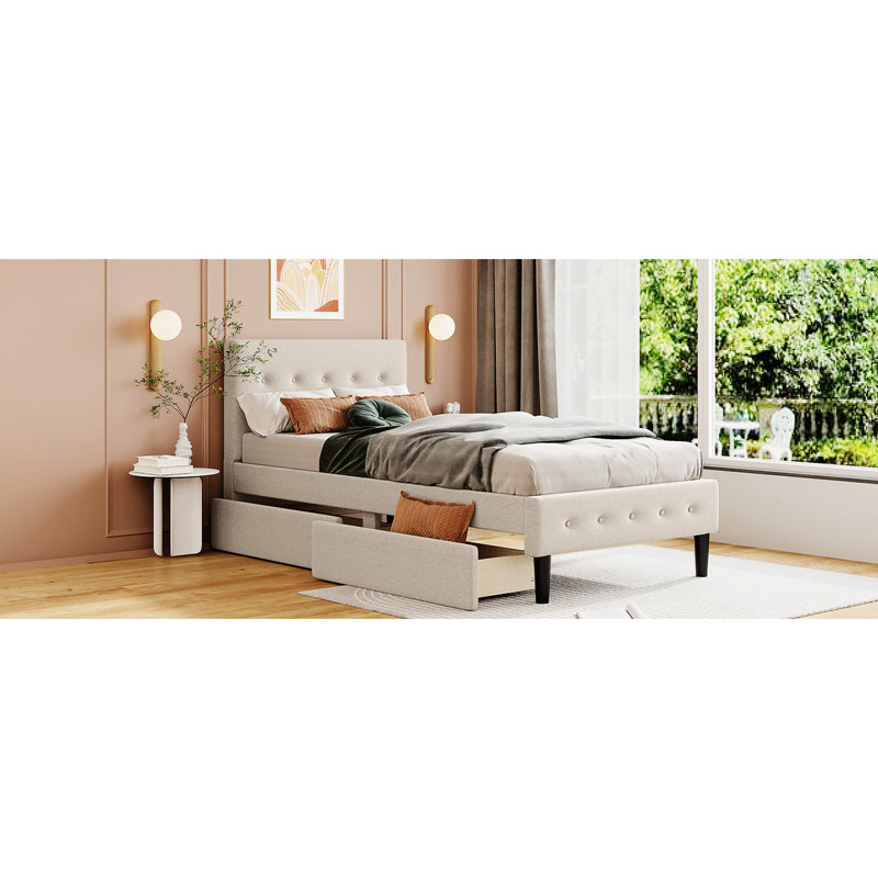 Lit simple tapissier avec 2 tiroirs, beige - lit plateforme simple et contemporain, stable