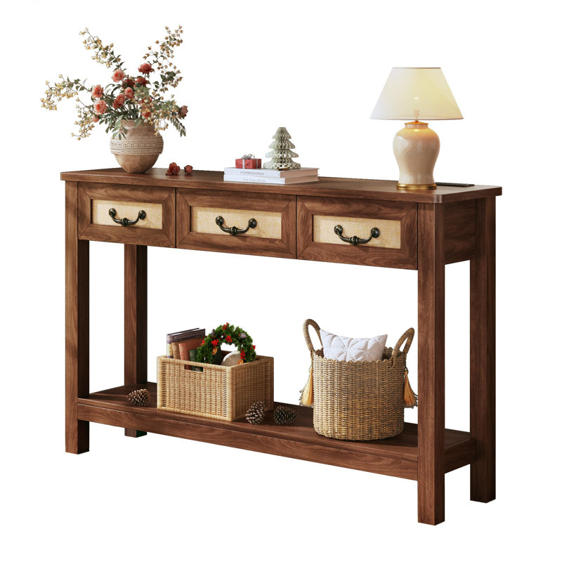 47.2" Console Table With 3 Rattan Drawers, Brown