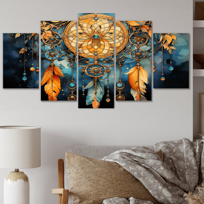 «Native Art Dreamcatchers Embrace I», reproduction d'art sur toile amérindienne - 5 panneaux