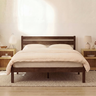 Lit plateforme classique en bois massif avec tête de lit double, finition noyer, aucun sommier requis, assemblage facile
