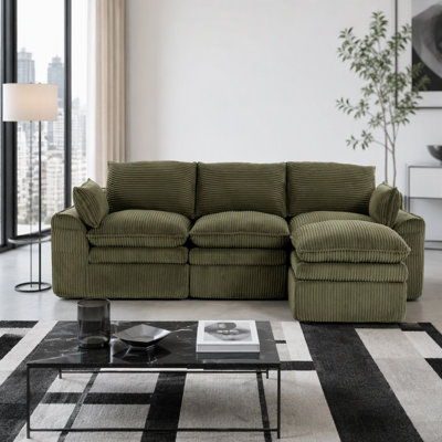 Canapé modulaire en forme de L avec coussins amovibles en forme de nuage, repose-pieds mobile et revêtement en velours côtelé de qualité supérieure pour un confort ultime et une flexibilité d'aménagement.