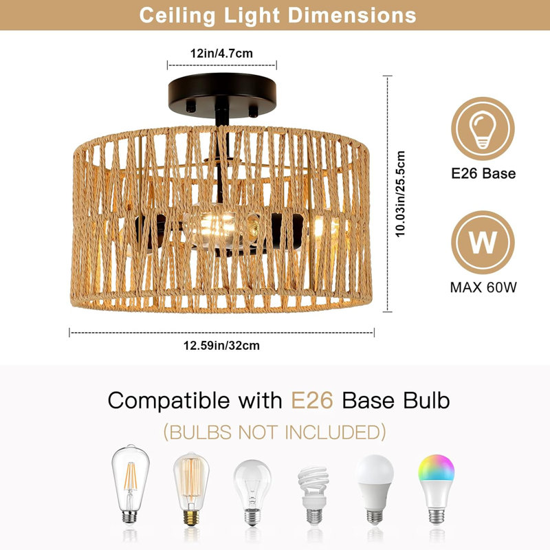 Plafonnier semi-encastré avec design en rotin tissé, éclairage doux à 360 ° pour décor de maison de campagne, de bord de mer et de style rustique