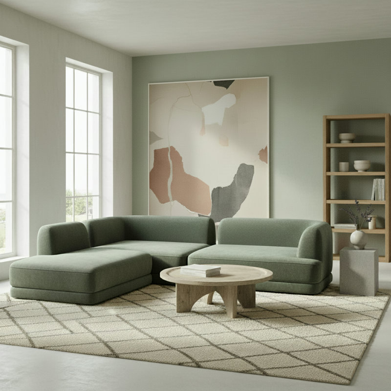 Canapé modulaire modulaire en L de 115 po avec siège profond et méridienne Evren Boneless, Vert