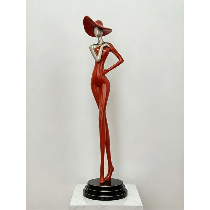 Grande statue de dame abstraite à plancher à larges bords, H 47,64 po x l 11,42 po x P 8,66 po, Orange