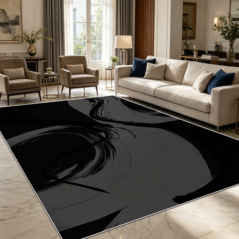 1PC Black and Gray Abstract Fluid Swirl Modern Minimalist Art area rugs for Living Room, Soft and Comfortable, Suitable for all seasons, easy-to-maintain, machine washable Indoor floor mat, Under Table Farmhouse suitable for dining table, bedroom,