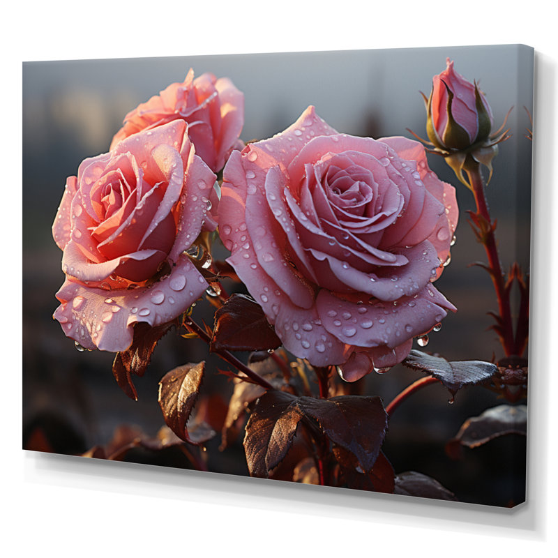 Roses roses lustrées du matin, H 30 po x l 40 po x P 1,5 po, Toile tendue
