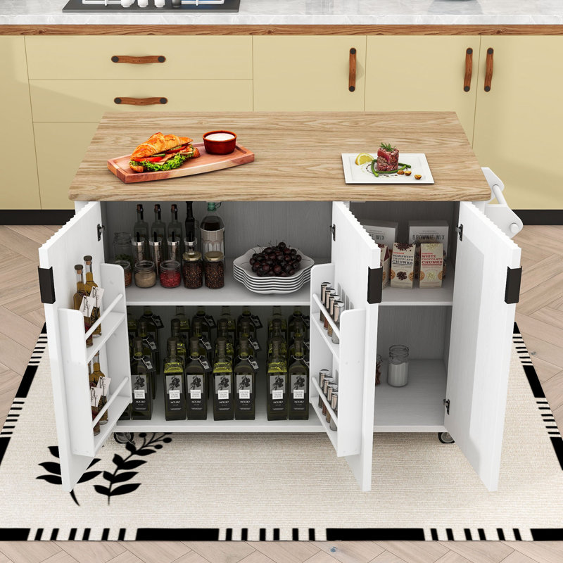Corilla Farmhouse Rolling Wooden Kitchen Cart with Expandable Drop-Leaf and Internal Storage, White Ash