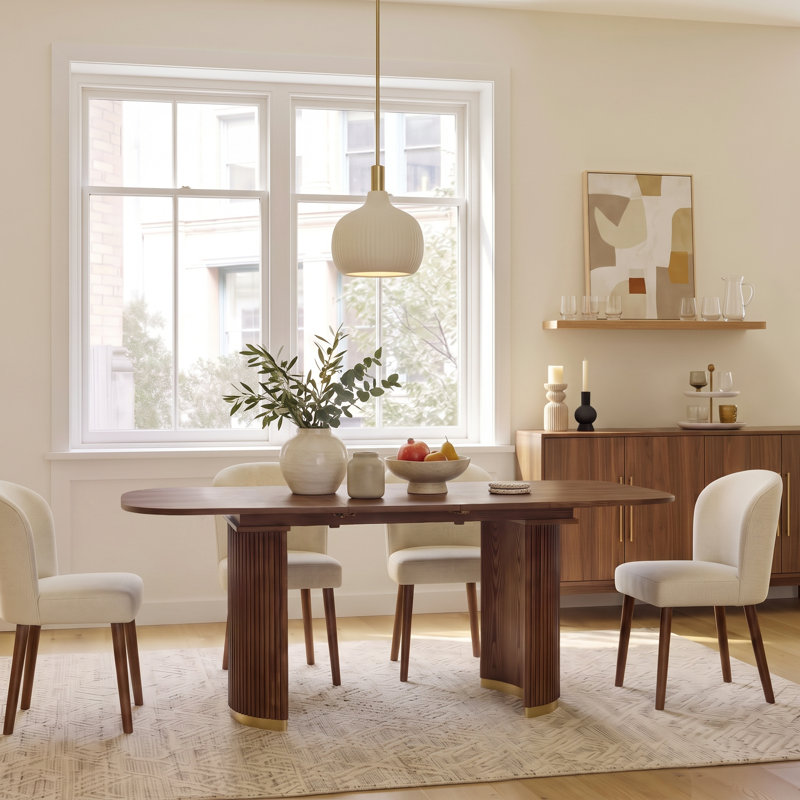 Bertie 160cm-205cm W Mid-Century Modern Dining Table with A Hidden Extension Board