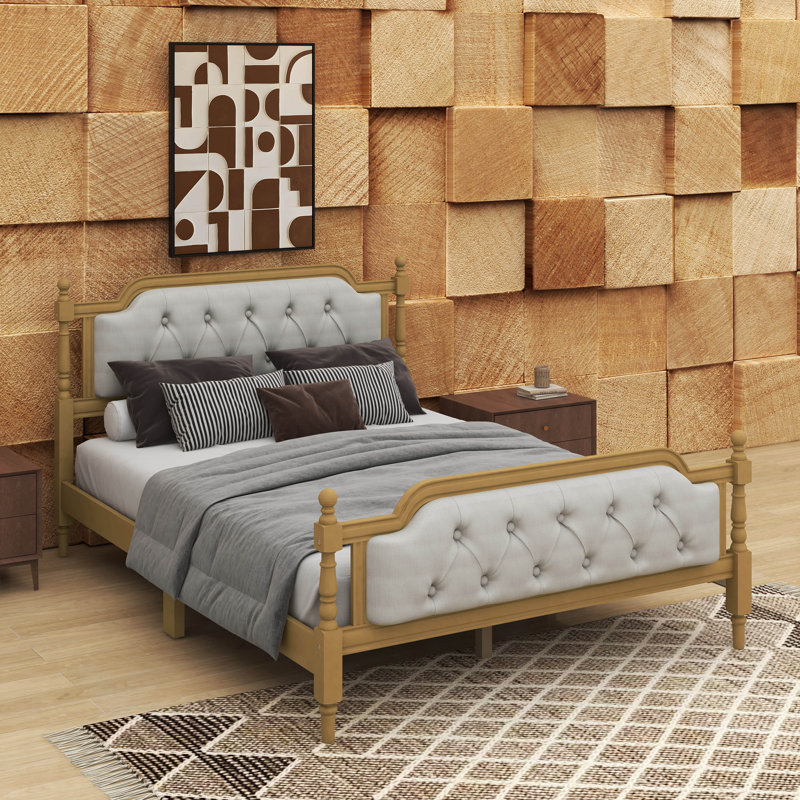 Structure de lit de style traditionnel avec tête de lit tapissier capitonnée, Double, Brun