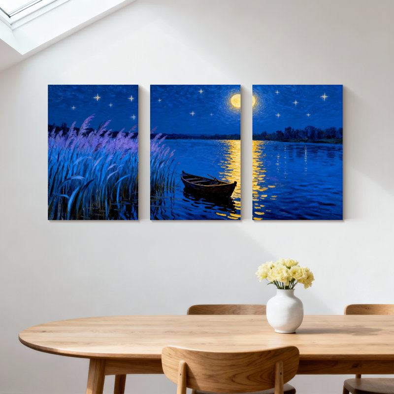 Abstrait nuit lac bateau étoiles réflexion eau roseaux clair de lune ensemble de 3 impressions d'art sur toile