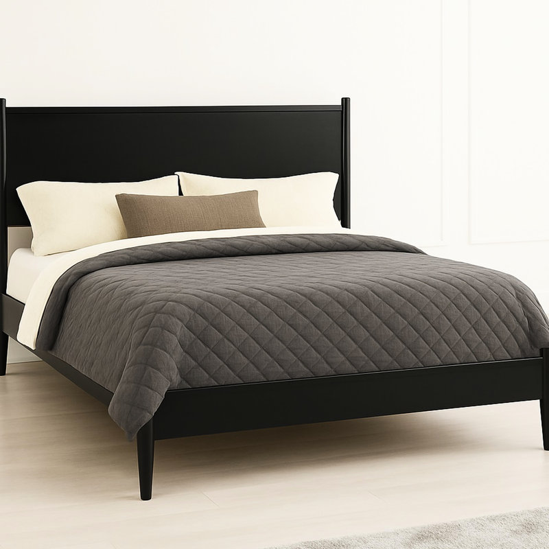 Lit plateforme Eastern Mid-Century noir moderne, sans sommier, pieds ronds effilés, ensemble de lattes pour le style de la chambre à coucher avec ensemble, Spring Refresh
