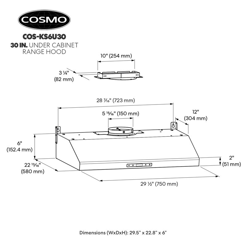 Cosmo 30 in. Haven Collection Ducted Under Cabinet Range Hood, Touch Controls, LED Lights, Permanent Filters, Stainless Steel