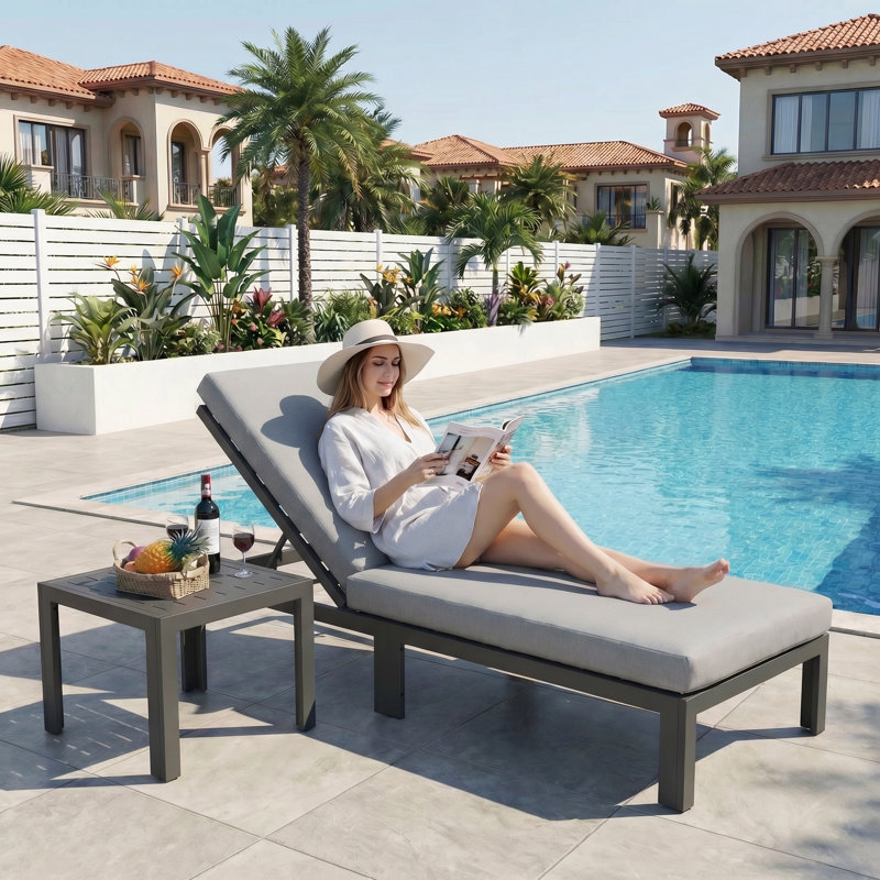 4-Piece Outdoor Aluminum Chaise Lounge Set with Adjustable Backrests, Side Tables and Cushions, Gray