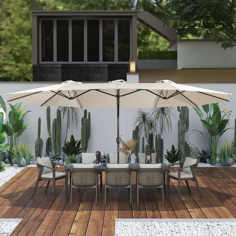 Kirkbride 181'' x 106'' Outdoor Double-Sided Rectangular Market Umbrella With Base Patio Umbrella, Beige