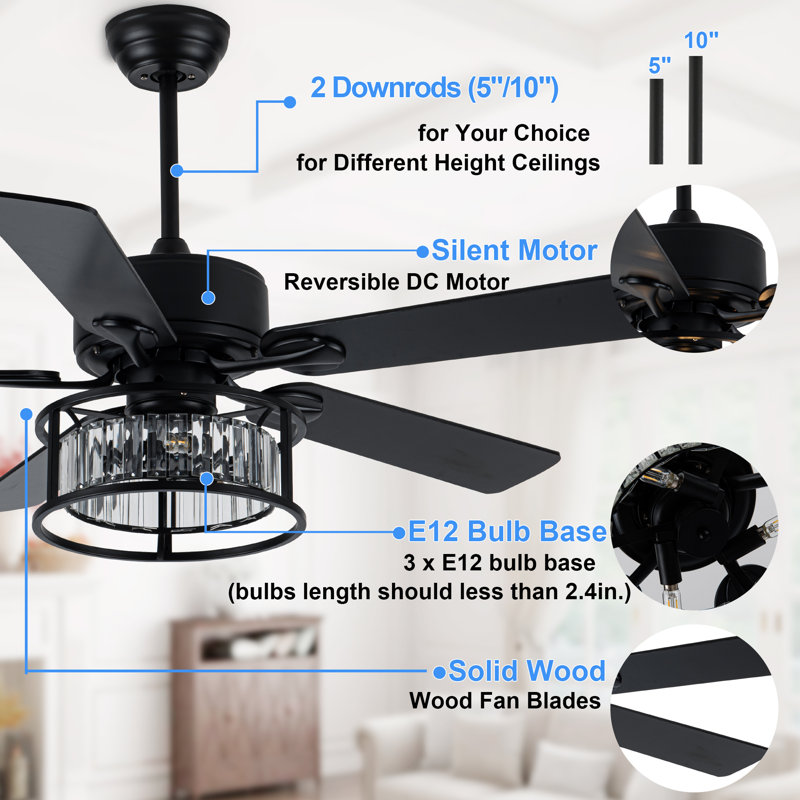 Silas 52" Reversible Crystal Caged Ceiling Fan with Light Kit and Remote, Black