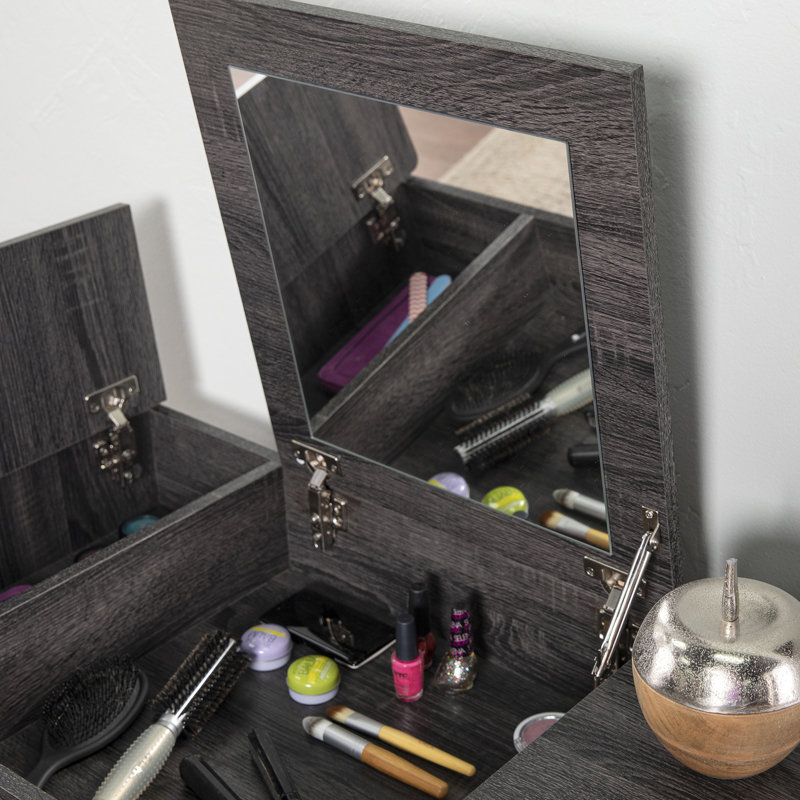 Miroir de salle de bain - noir avec rangement caché spacieux et tiroir profond pour outils de maquillage