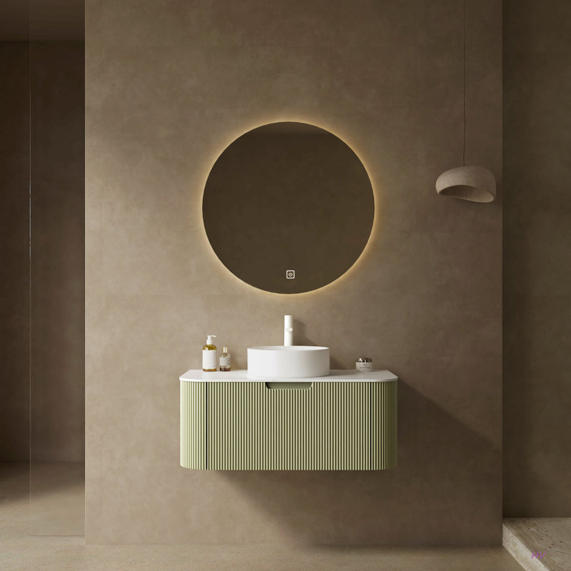 Meuble-lavabo de salle de bain 36 po avec lavabo, meuble-lavabo mural moderne à bords arrondis et courbes avec tiroir, lavabo rond en céramique sans robinet, pré-assemblé