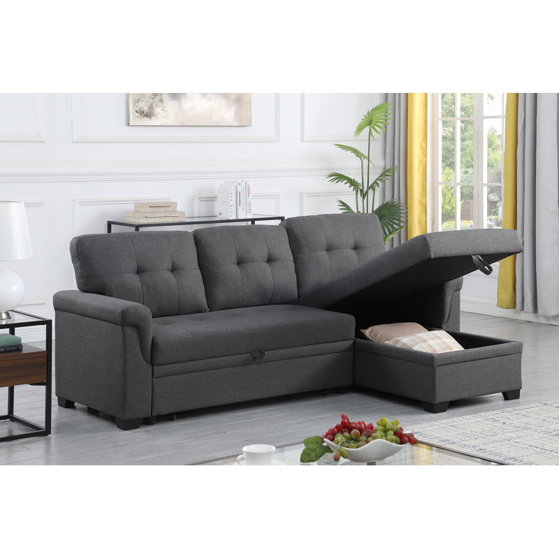 Canapé d'angle convertible, 213 cm (L) x 137 cm (P) x 89 cm (H), lin, 3 pièces, gris foncé, lit gigogne avec méridienne de rangement réversible