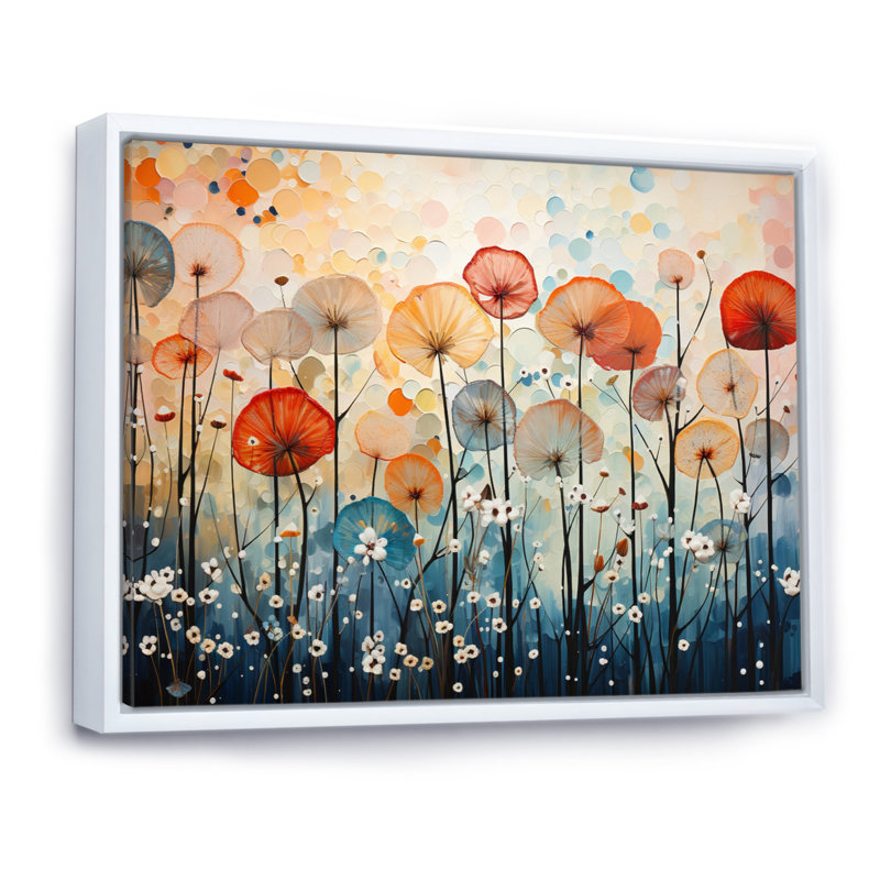 Coral Dandelion Floral Symphony II - Floral Wall Art Living Room, H 16 po x l 32 po x P 1 po, Cadre flottant blanc