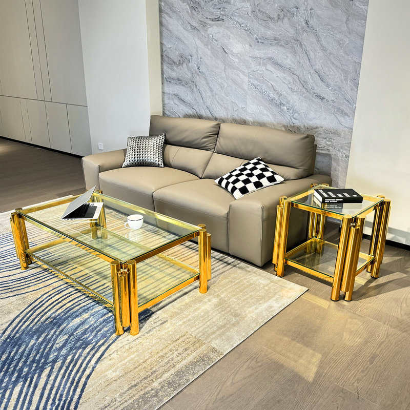 Table basse de style industriel, acier inoxydable doré et verre trempé, moderne pour la décoration de meubles de bureau à domicile, structure de salon avec design