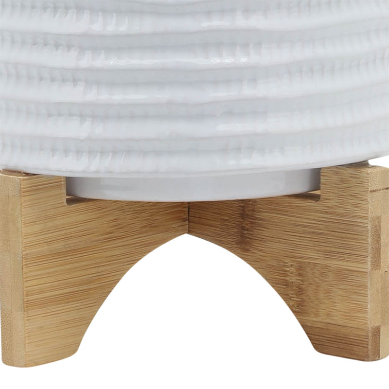 Stoneware Ceramic Planter with Stand - Textured Decorative Plant Pot with Bamboo Base - Modern Indoor/Outdoor Raised Planter