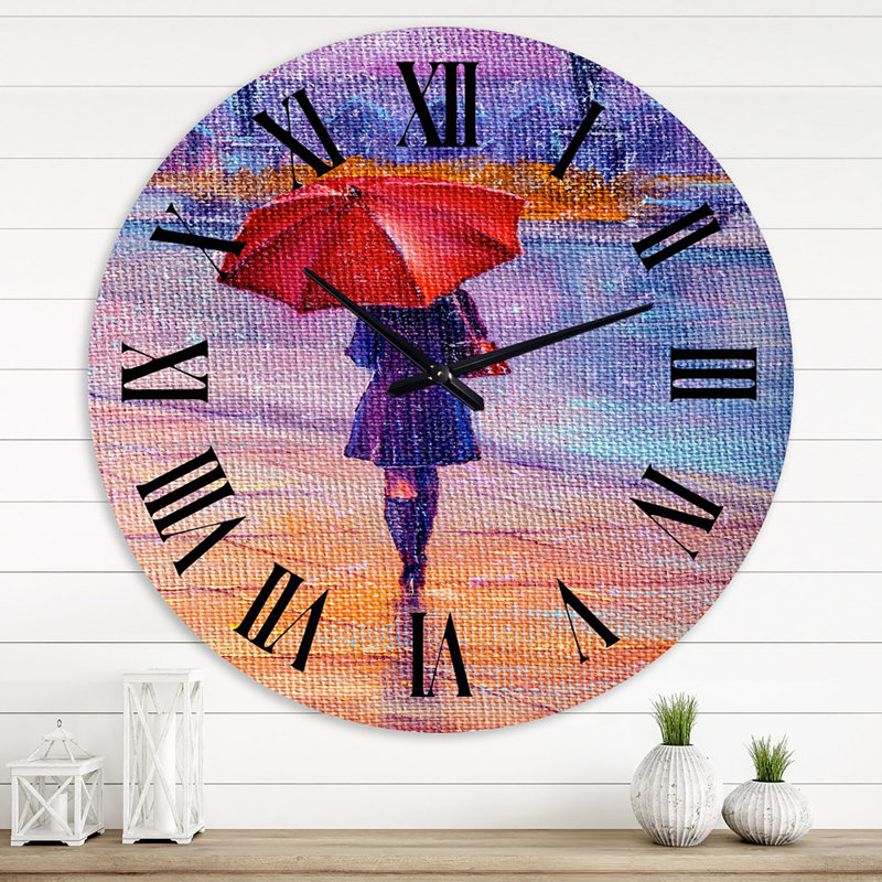 Femme marchant avec un parapluie rouge sous la pluie - horloge murale campagne française, Grand