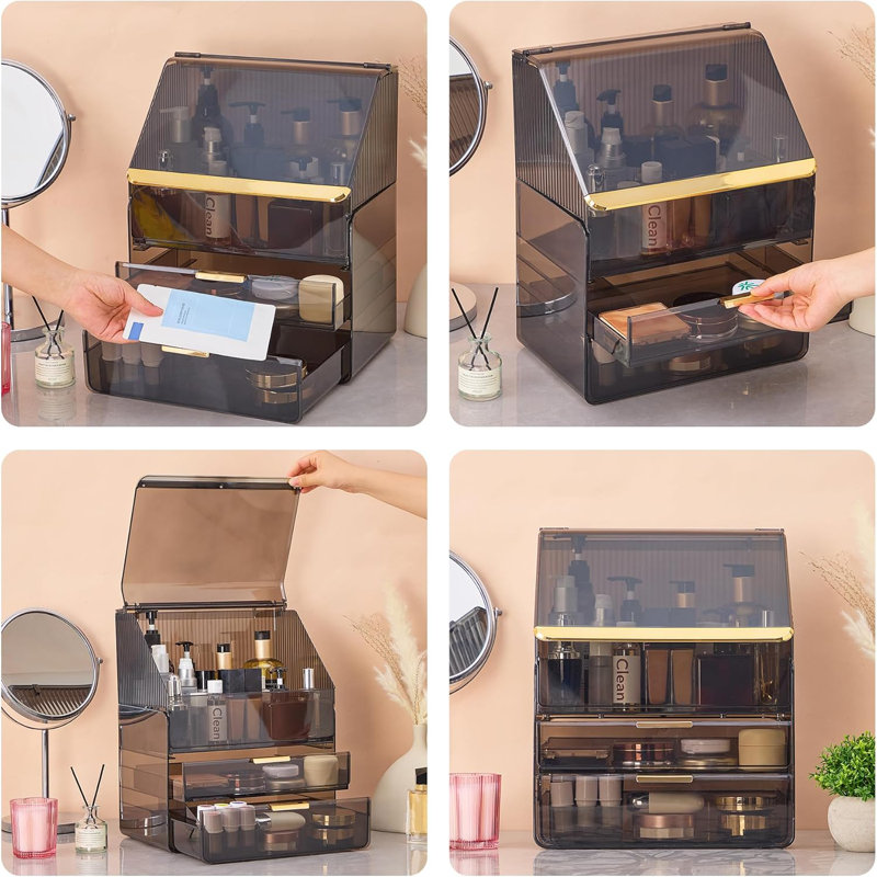 Grand organisateur de maquillage en acrylique avec couvercle rabattable et tiroirs, rangement de maquillage étanche à la poussière pour les pinceaux de rouge à lèvres, vitrine de meuble-lavabo de comptoir