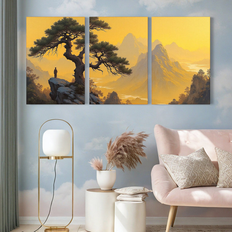 Paysage de montagne avec pin et réflexion sur toile tendue, reproduction de peinture à l'huile (ensemble de 3)