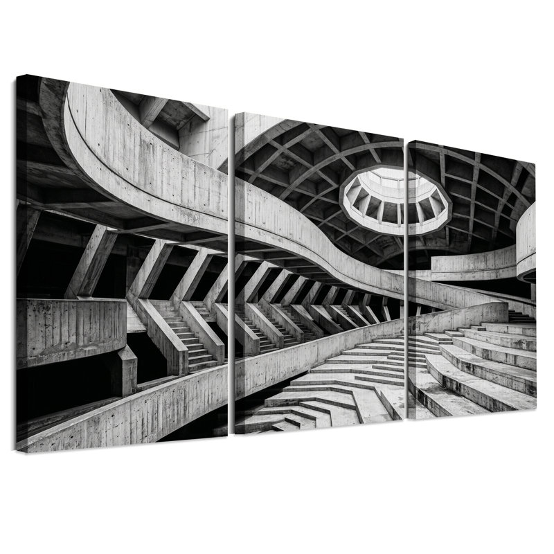 Escalier en béton noir et blanc avec puits de lumière - Ensemble de 3 toiles murales, 30"H x 20"W x 3pcs