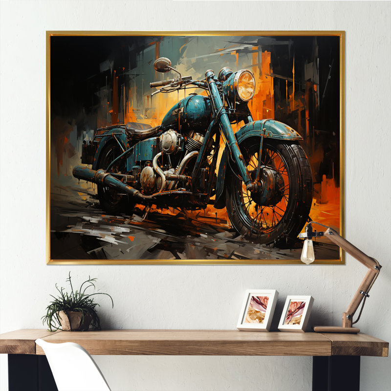 Motocyclette II jaune et noir - art mural moto, Cadre flottant doré, H 30 po x l 40 po x P 1,5 po