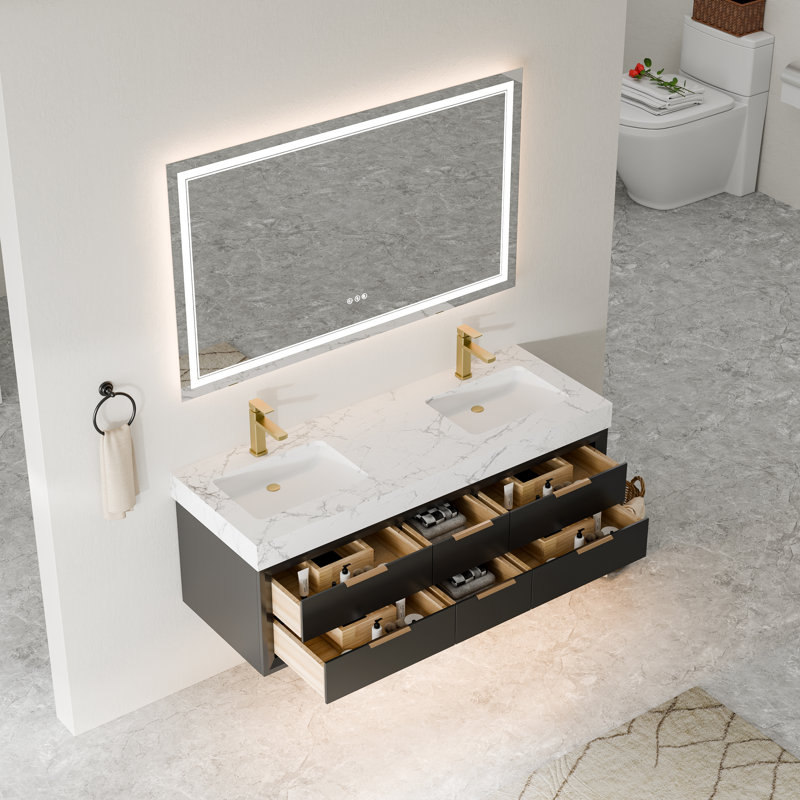 Ensemble de meuble-lavabo mural moderne 60 po avec dessus en pierre artificielle Lumino, 60 po Lumino, 6 tiroirs à fermeture en douceur Lumino