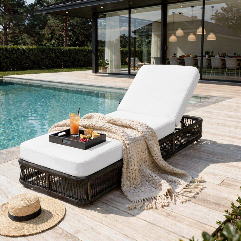 Chaise longue de piscine réglable à l'arrière, corde tissée et structure en fer avec coussin épais, chaise longue d'extérieur pour la piscine, la plage et la cour