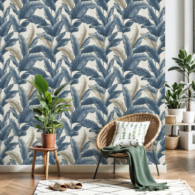 Peel and Stick Wallpaper Botanical Blue Beige Tropical Leaf Neutral Contact Paper Removable Self Adhesive Wall Mural Wall Decor for Bedroom Kitchen Cabinets 24in x 118in