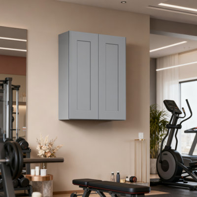 Armoire murale grise 24 po à double porte avec charnières à fermeture en douceur et tablettes réglables, convenant à la cuisine, à la salle de bain, à la buanderie, au garage, aux tablettes en bois massif d'apparence élégante, à plusieurs pièces,