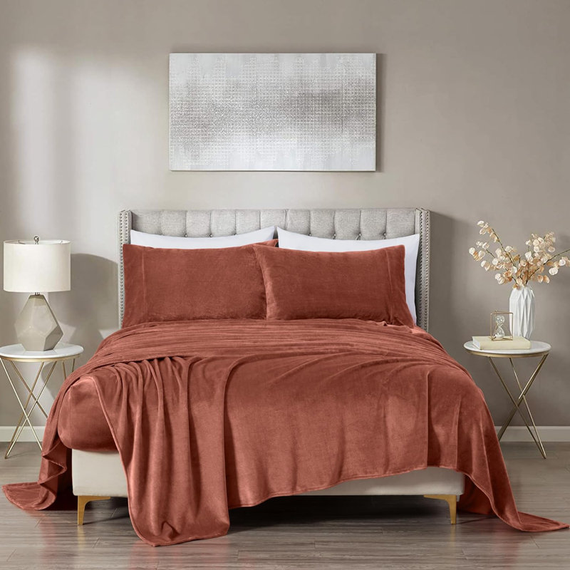 Soft Fleece Sheet Set, Queen Sheet Set with 2 Pillowcases, Terracotta