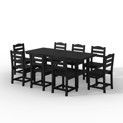 Ensemble de salle à manger 9 pièces en PEHD noir avec table pour parasol rectangulaire et 8 chaises sans accoudoirs