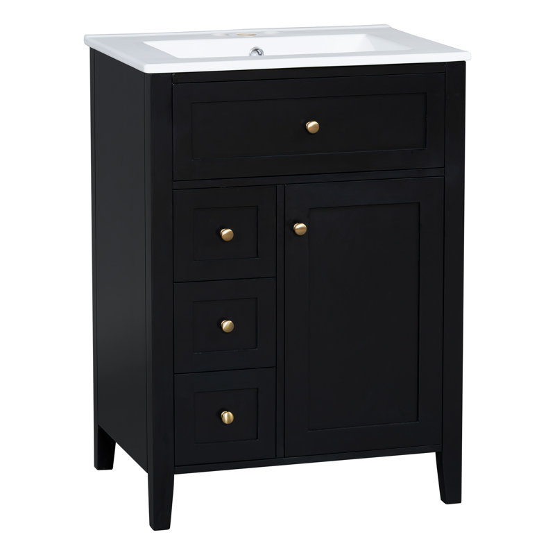 Armoire de salle de bain avec cadre en bois massif L 24 po x l 18 po avec lavabo en céramique, 3 tiroirs et armoire avec tablettes réglables
