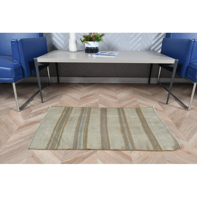 Small Vintage Green Striped Turkish Anatolian Kilim Rug Ideal for Bathrooms