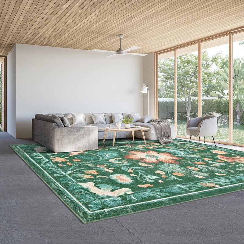 Washable Folding Floral Print Rug Washable Non - Slip Backing for Living Room Bedroom, Rectangle 10' x 13', Green