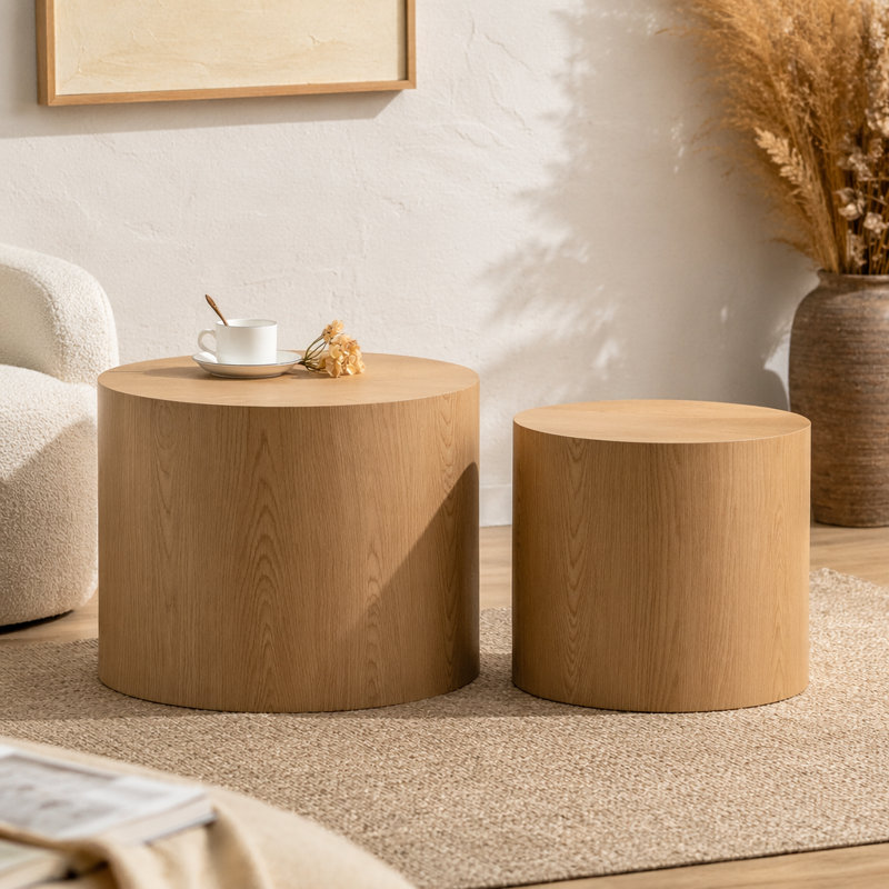 Ensemble de 2 tables basses rondes en bois Nesting, Natural Wood, Natural Wood, Natural Wood