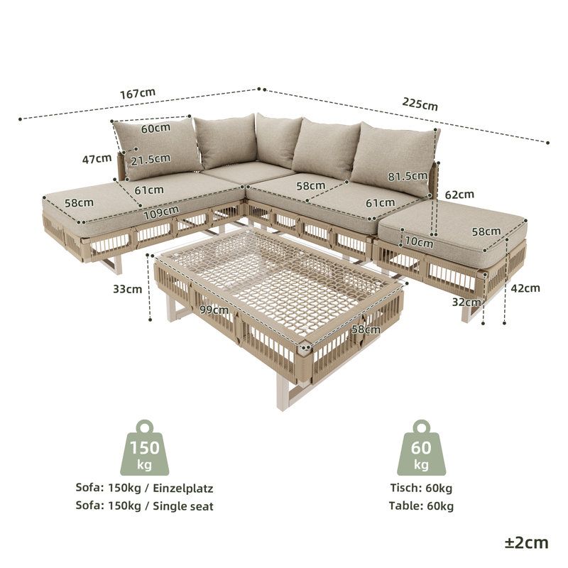 Outdoor Conversation Set 6 Places With 2 Sofas, 1 Corner Chair,1 Stool And 1 Coffee Table Beige